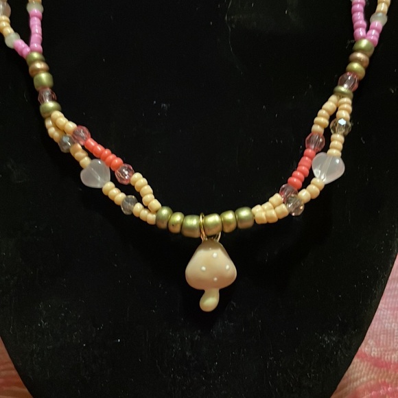Handmade Artisan Mushroom Choker w New & Upcycled Beads Magnetic Clasp 🍄‍🟫 - Picture 2 of 4